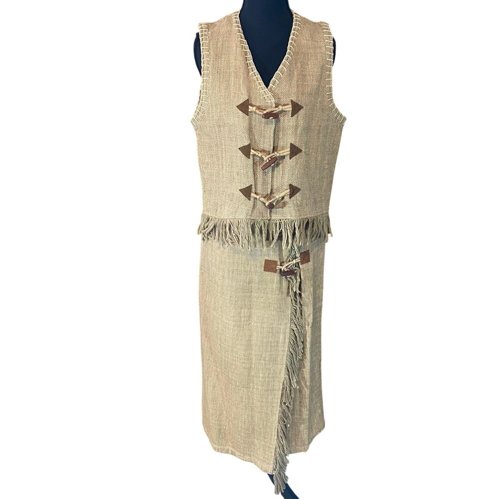 Vintage Just Class 70s Boho Fringe Vest Skirt Set Rustic Burlap Cottagecore S
